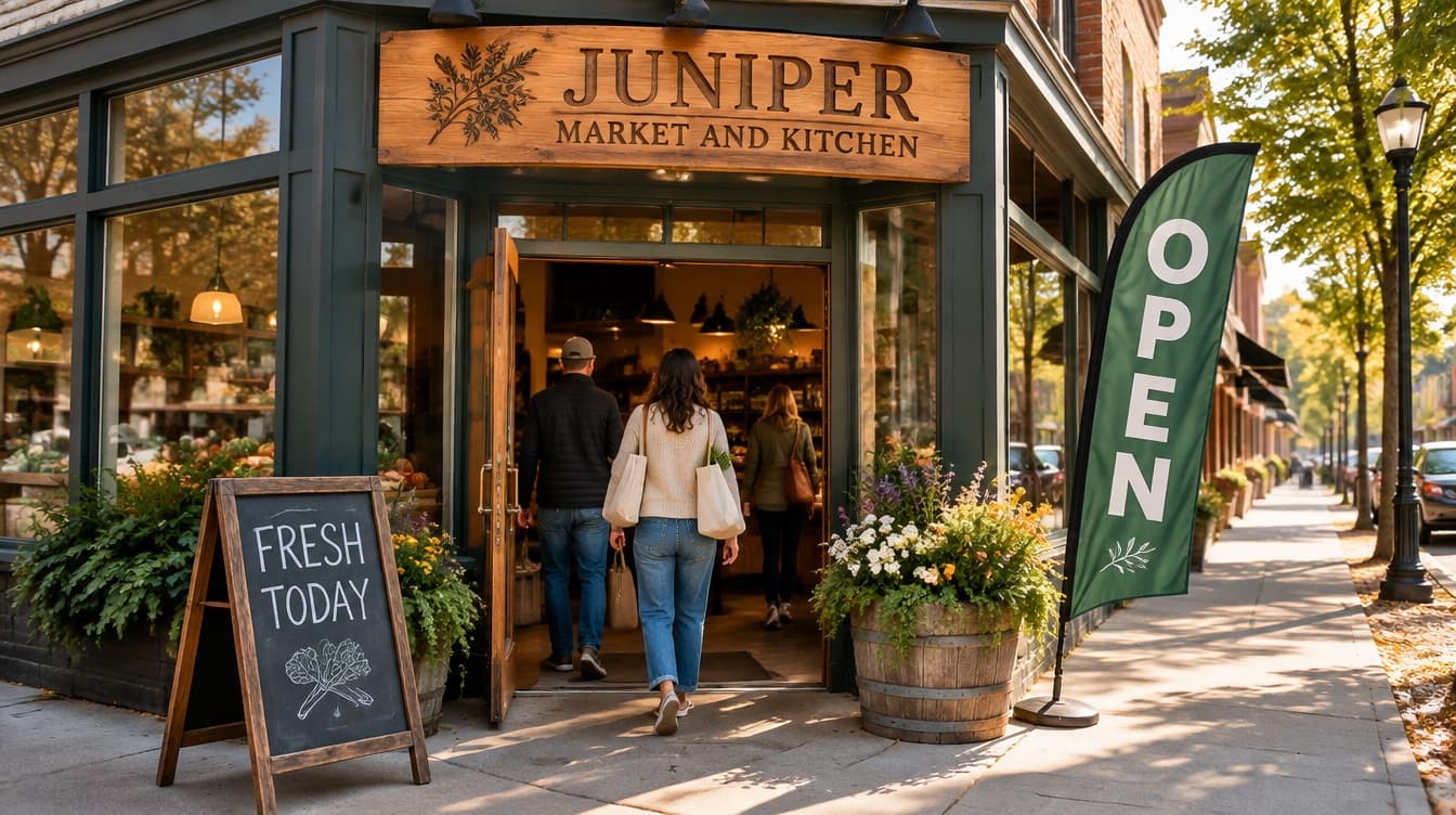 A market storefront with a carved wood sign, a chalkboard A-frame and a green OPEN feather flag