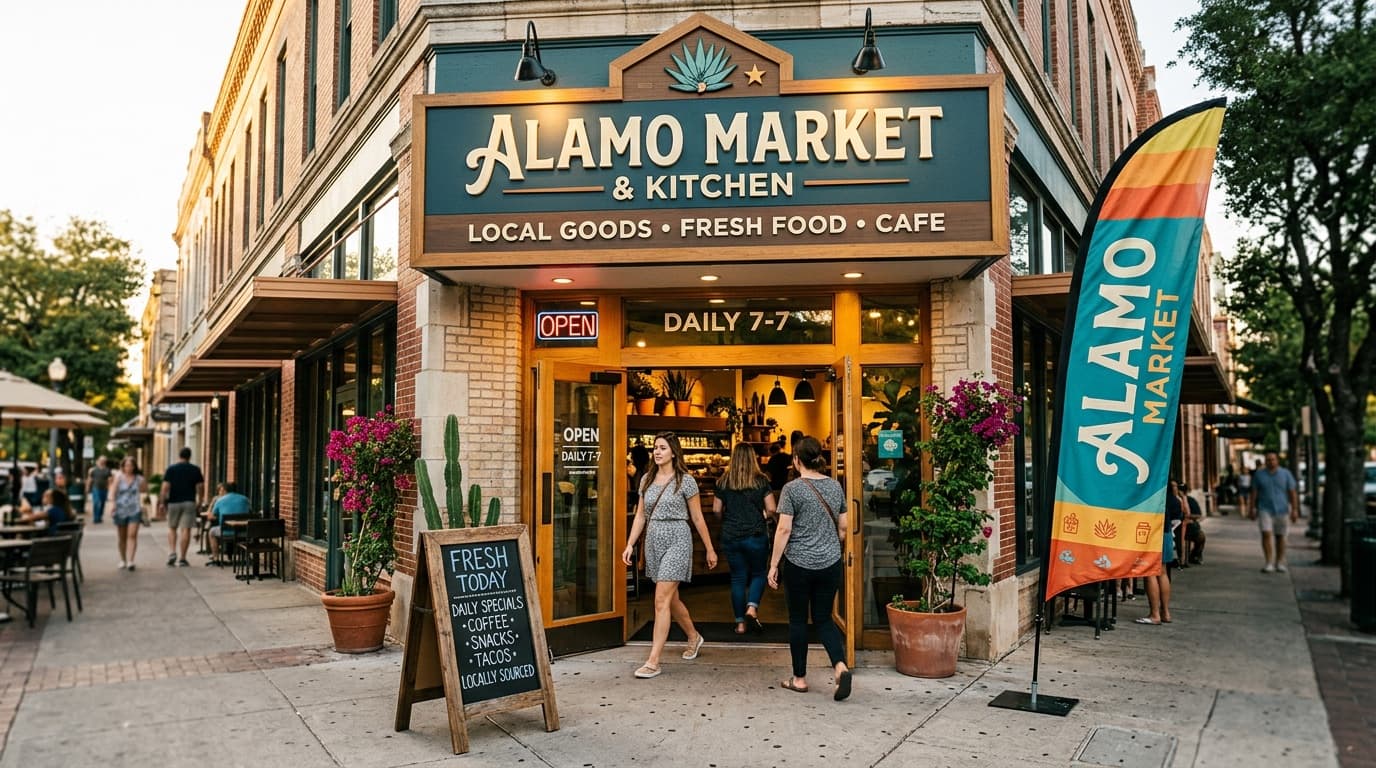 Thriving San Antonio small business storefront with custom signage drawing customers in