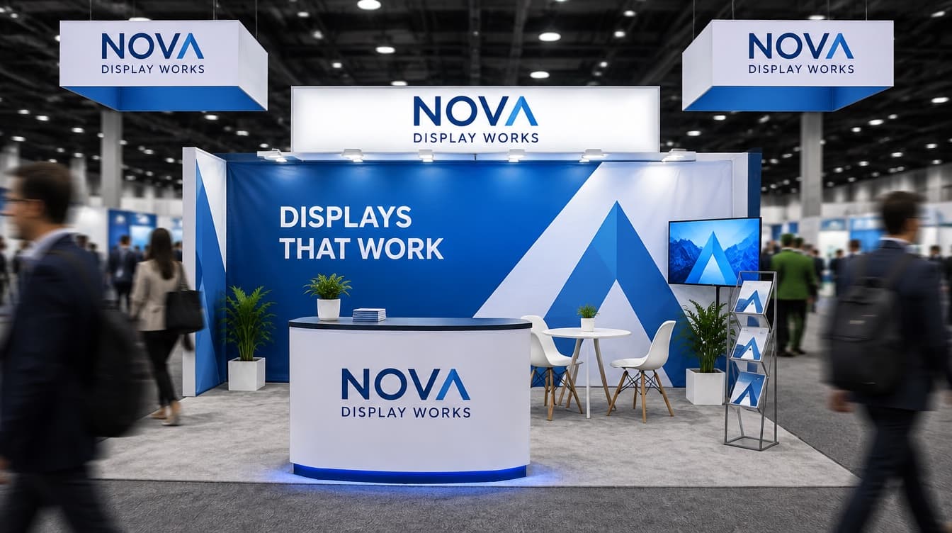 A blue and white trade show booth with hanging signs, a backlit header and a branded counter