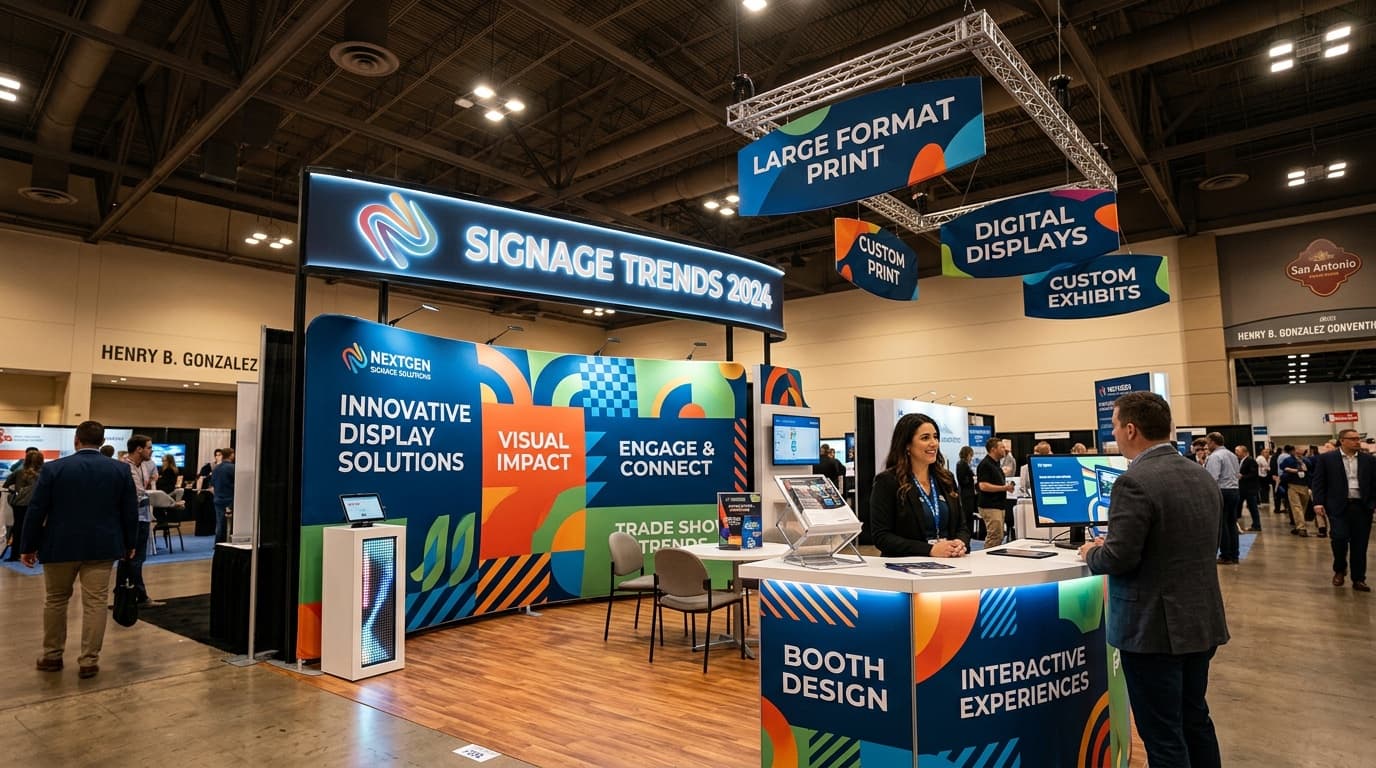 Modern trade show booth with curved fabric backwall and LED-lit signage at a San Antonio convention center