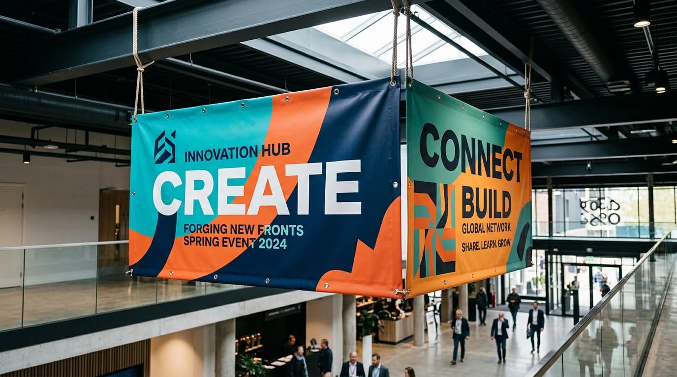 Double-sided printed vinyl banner showing two distinct graphics visible from each side