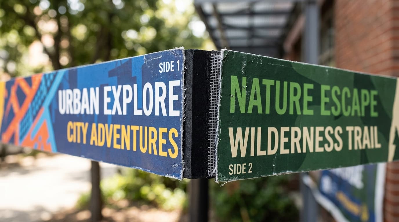 Edge-on view of a double-sided vinyl banner on a post, showing a blue printed face marked Side 1, a dark opaque layer between the panels, and a green printed face marked Side 2