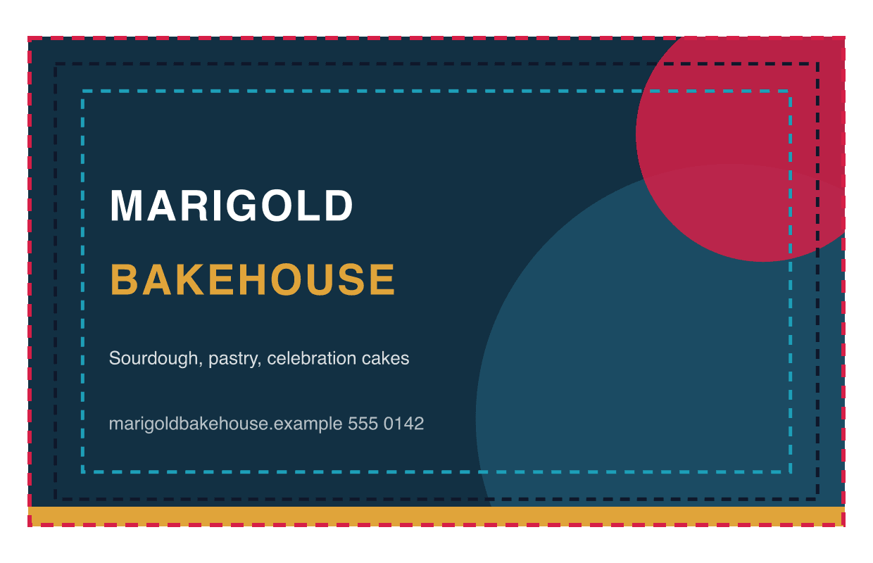 A sample navy and gold business card design for the fictional Marigold Bakehouse with a dashed red bleed line, a dashed slate trim line and a dashed cyan safe zone drawn over it