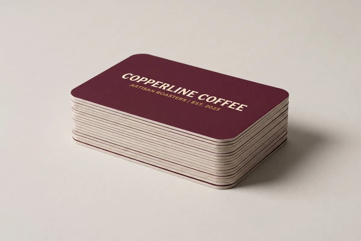A stack of burgundy business cards with rounded corners for the fictional Copperline Coffee, the quarter inch corner radius visible down the whole stack