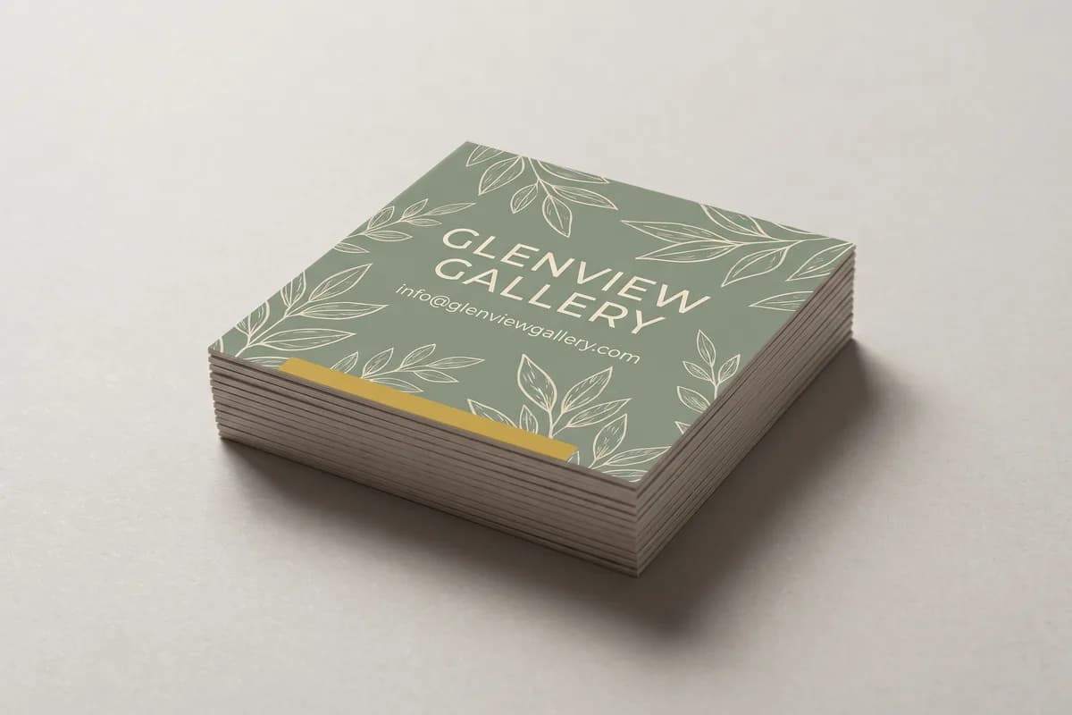 A stack of square sage green business cards for the fictional Glenview Gallery on a pale gray surface, showing the thick cardstock edges