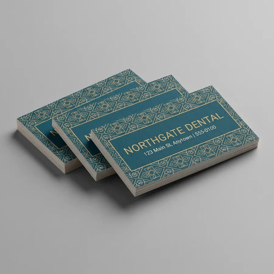 Teal and gold full color standard business cards for the fictional Northgate Dental fanned on a gray surface