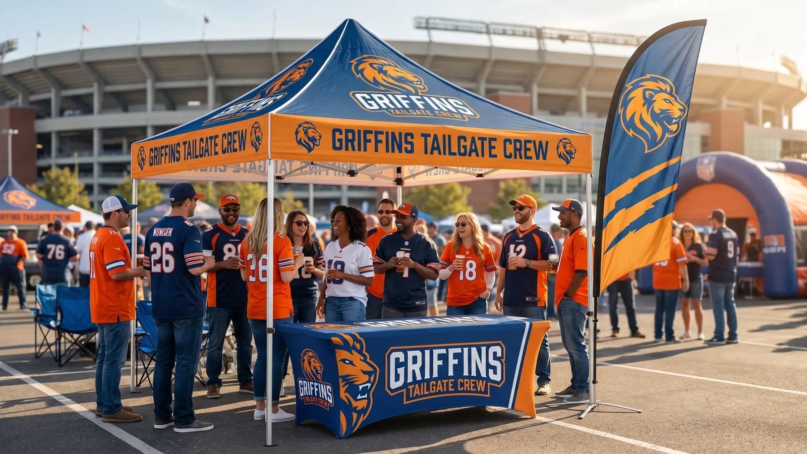 A blue and orange custom canopy for a fictional tailgate crew, with a feather flag, set up on pavement outside a stadium