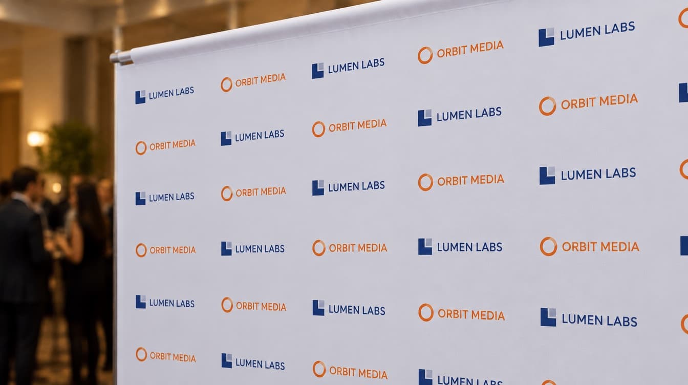 White step and repeat backdrop with a repeating blue and orange two-logo grid set up at an indoor event