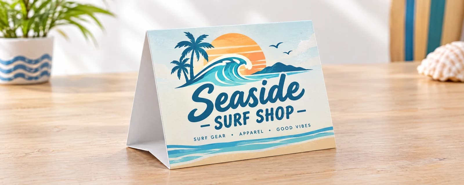 A full-color table tent printed with a surf shop logo and ocean wave artwork standing on a light wood table