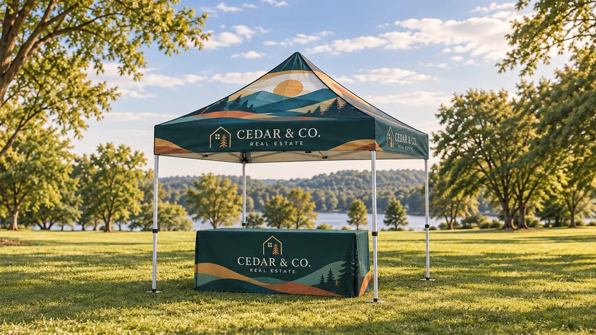 A complete custom printed canopy and matching fitted table cover for Cedar & Co. Real Estate, shown on a sunlit lawn with the roof peak and all feet visible