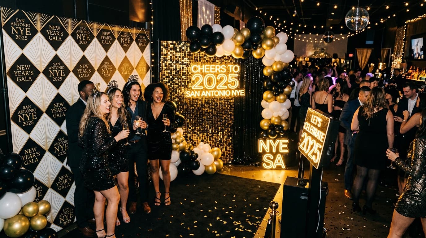 New Year's Eve party at a San Antonio venue with glowing LED neon signs, step-and-repeat backdrop, and festive decor