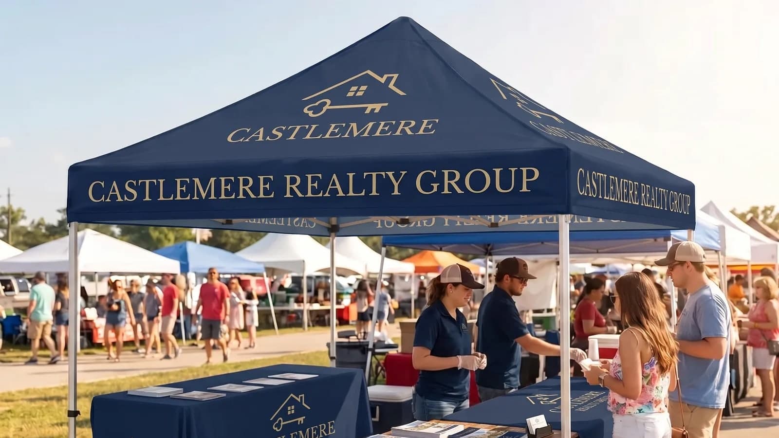 A navy 10 by 10 canopy with a realty wordmark and a house-and-key logo, plus two matching table covers, at an outdoor market