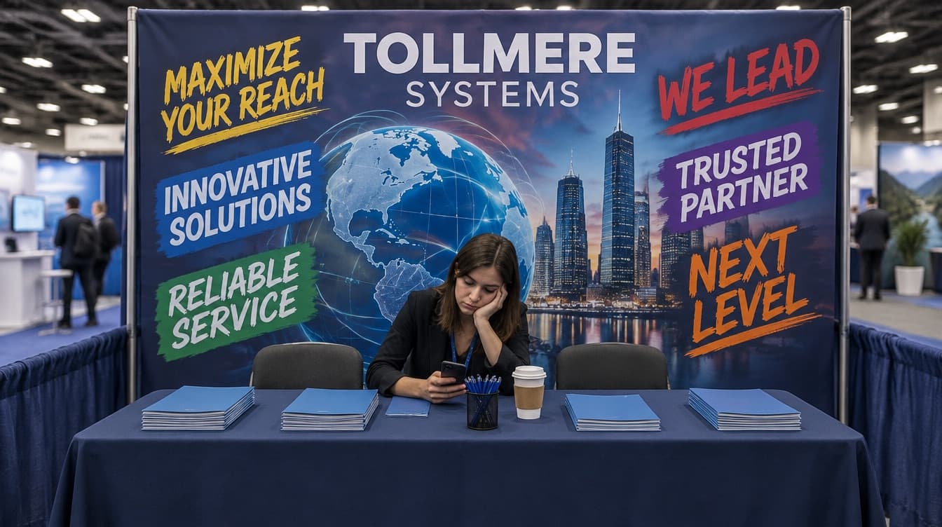 A cluttered trade show booth wall for a systems company crowded with six slogans, a globe and a skyline, with a staffer on her phone behind a table of brochures