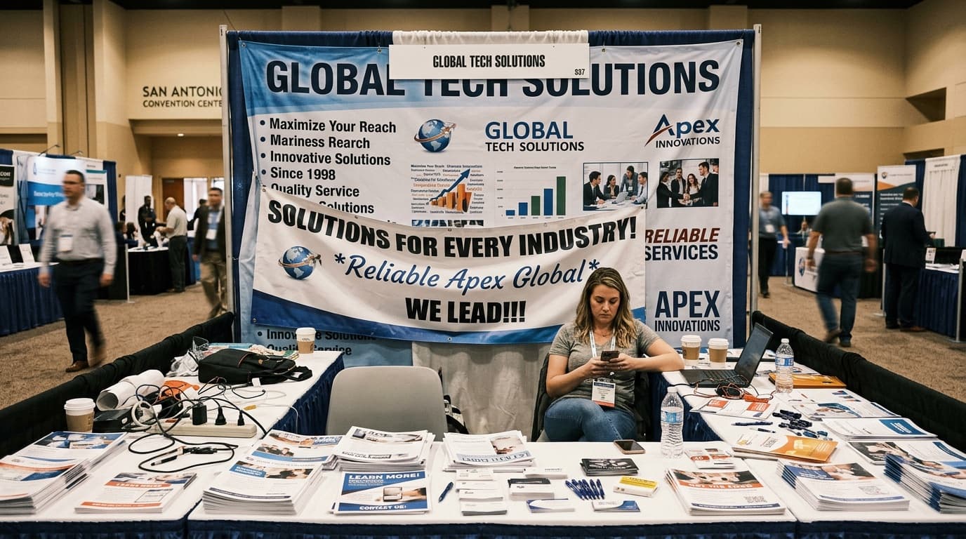 A cluttered, busy trade show booth illustrating common signage and display mistakes