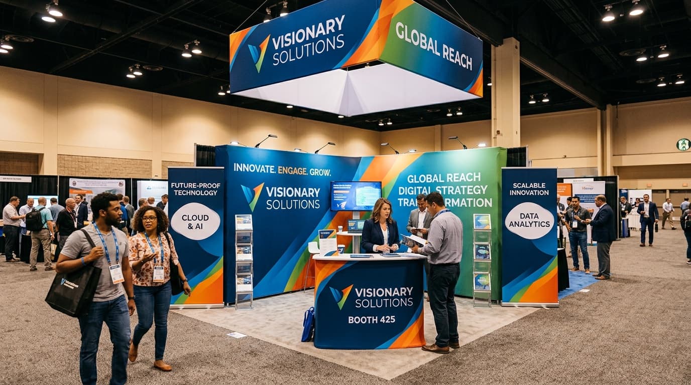Fully assembled San Antonio trade show booth with fabric backwall, retractable banners, printed counter, and overhead sign
