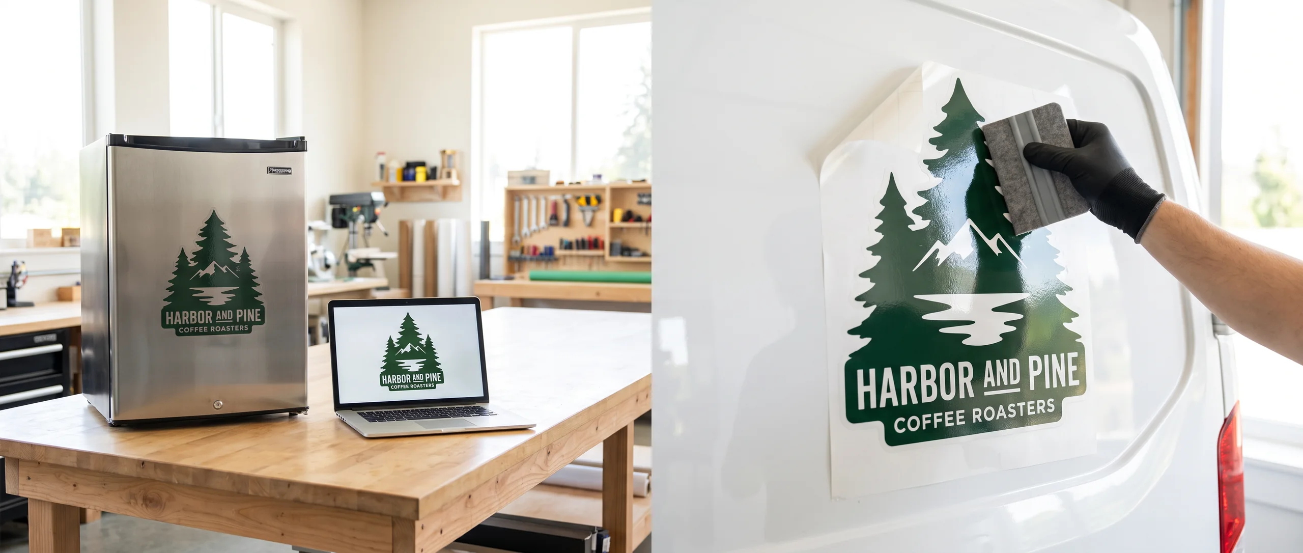 Pine tree coffee roaster vinyl decals on a cooler and a laptop while a hand squeegees the same decal onto a white van door