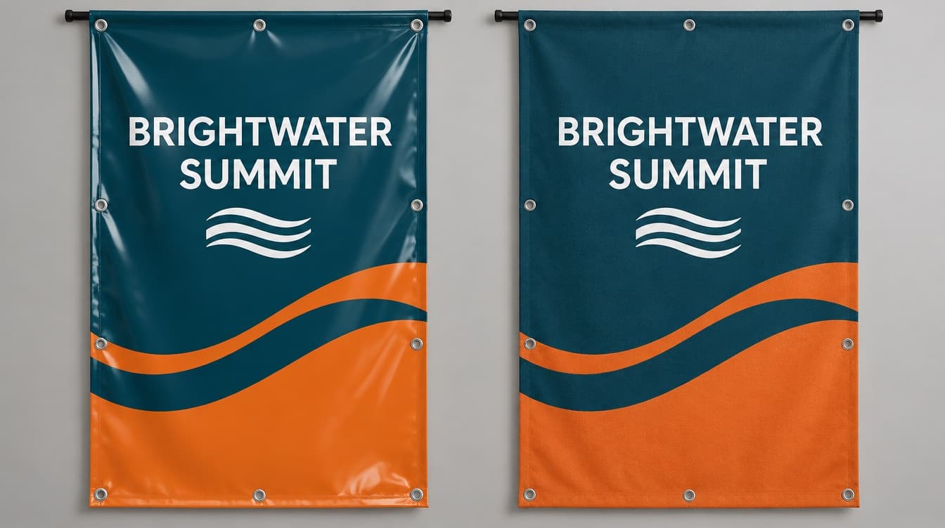 A glossy vinyl banner beside a matte fabric banner, both grommeted and hung from rods
