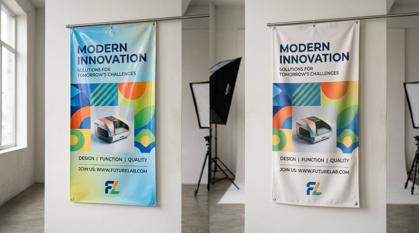 Side-by-side comparison of a glossy vinyl banner and a matte fabric banner showing the same printed graphic