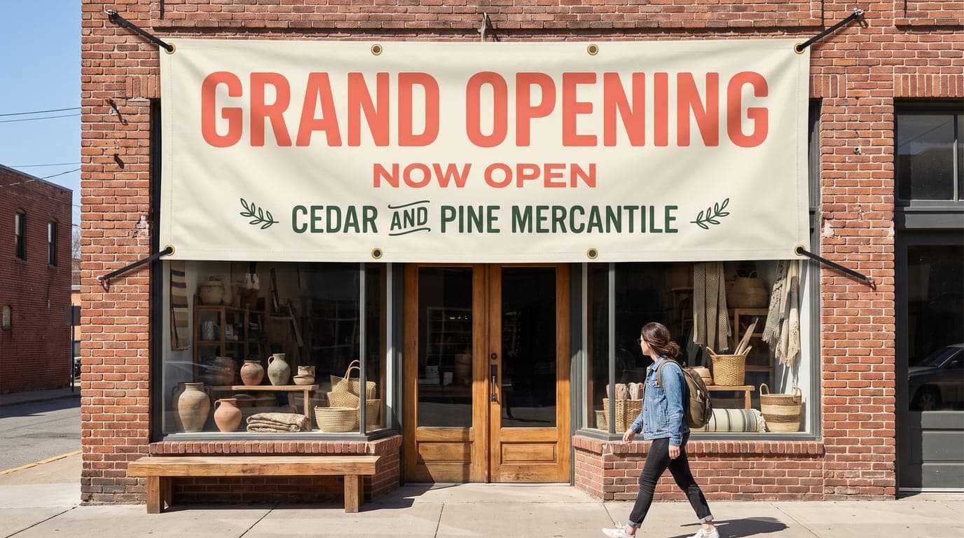 A grommeted Grand Opening vinyl banner for a mercantile shop mounted above a brick storefront entrance