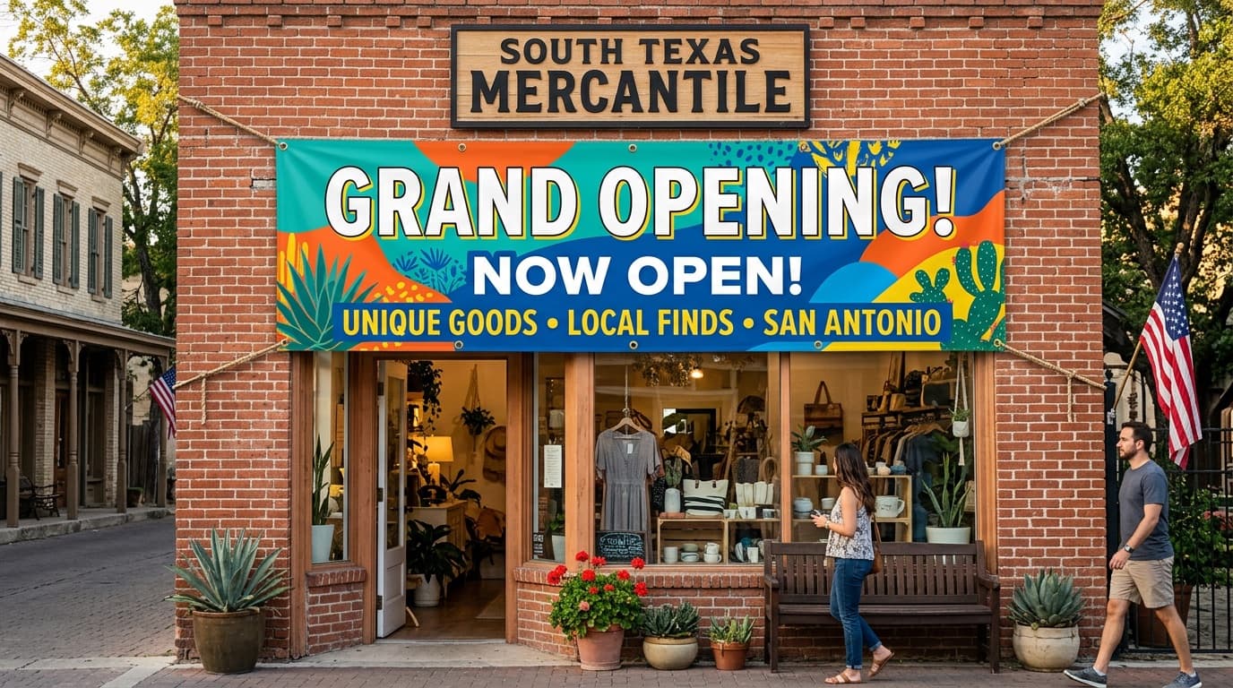Full-color printed vinyl banner with grommets professionally hung across a San Antonio storefront