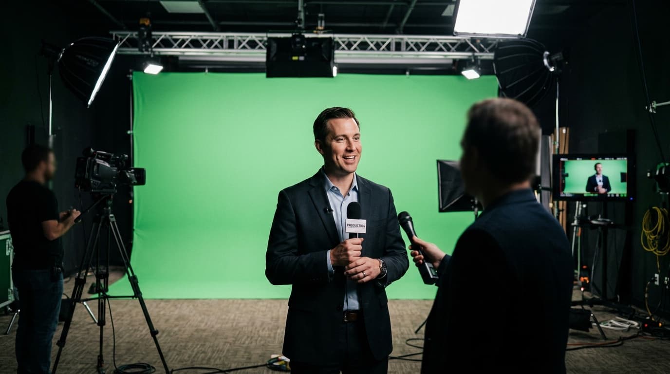 Presenter being interviewed in front of a printed green screen fabric backdrop in a San Antonio production studio