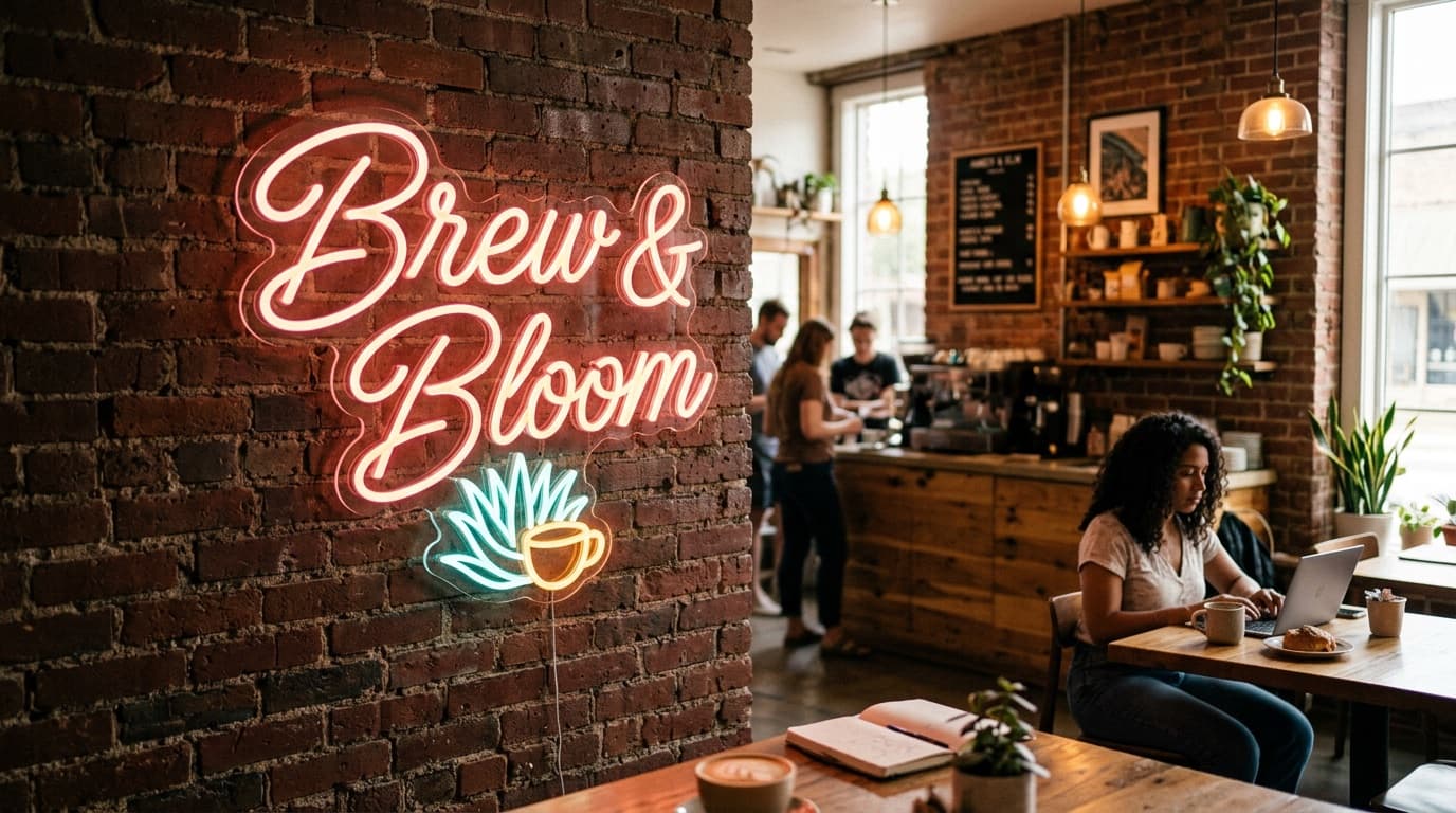 Custom LED neon-style sign glowing on a brick wall in a San Antonio cafe interior