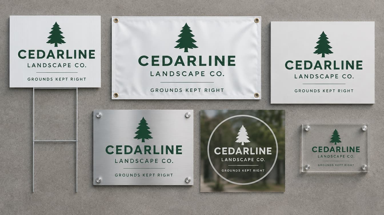 One landscaping logo on a yard sign, a grommeted banner, a metal sign, a window sign and an acrylic sign