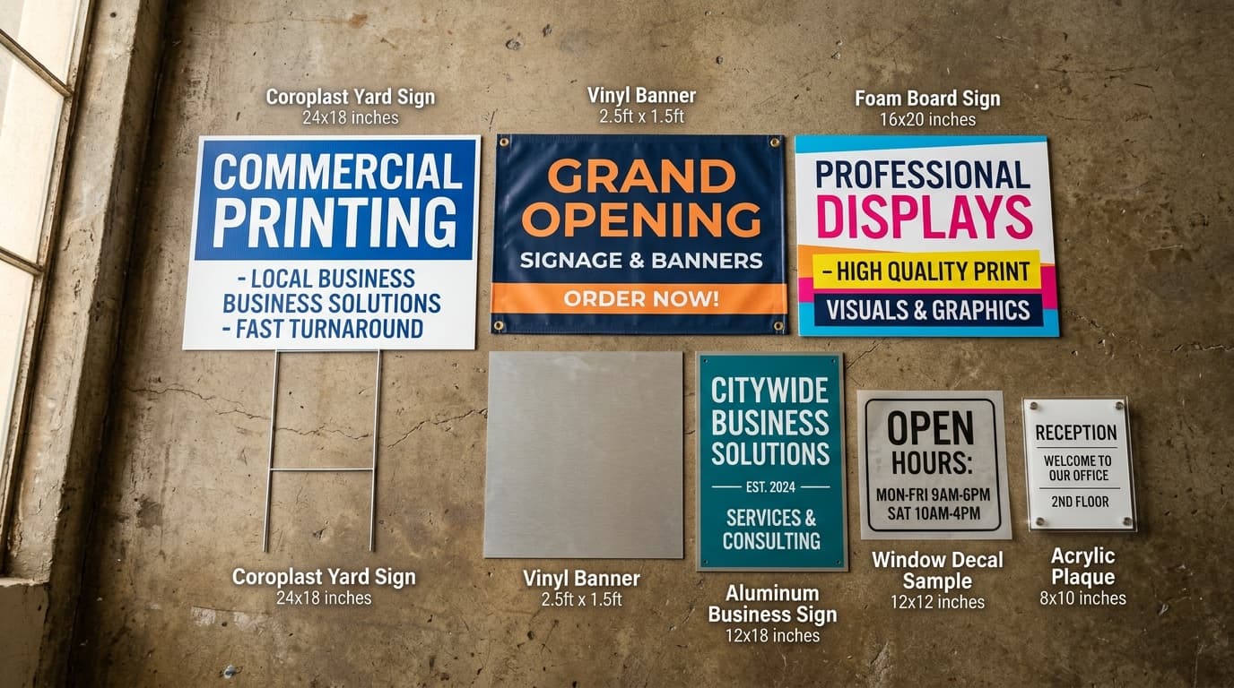 Flat lay overview of business signage types including yard signs, banners, foam board, decals, and aluminum signs
