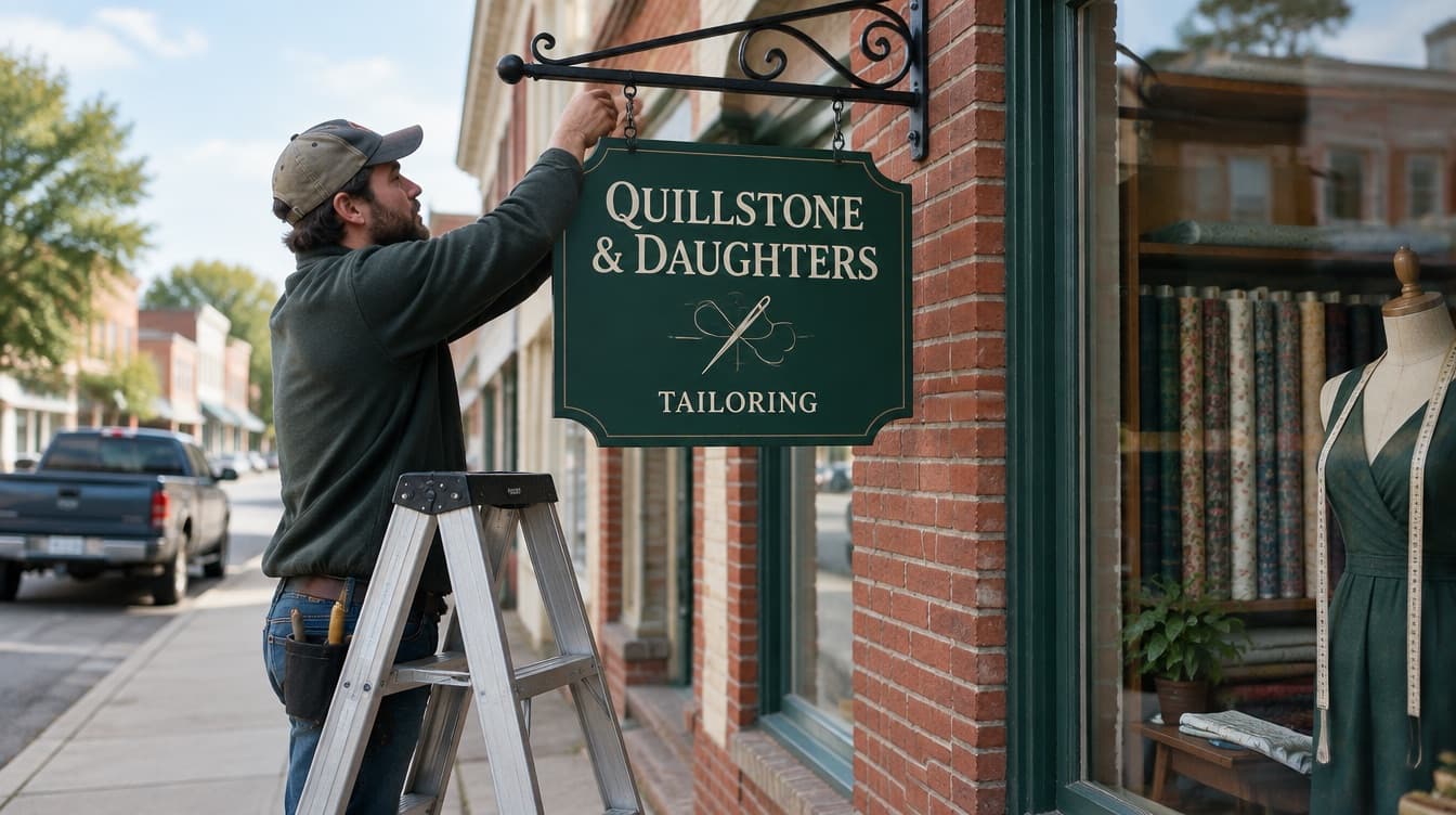 A sign installer on a step ladder hanging a green blade sign for a tailoring shop on a brick storefront