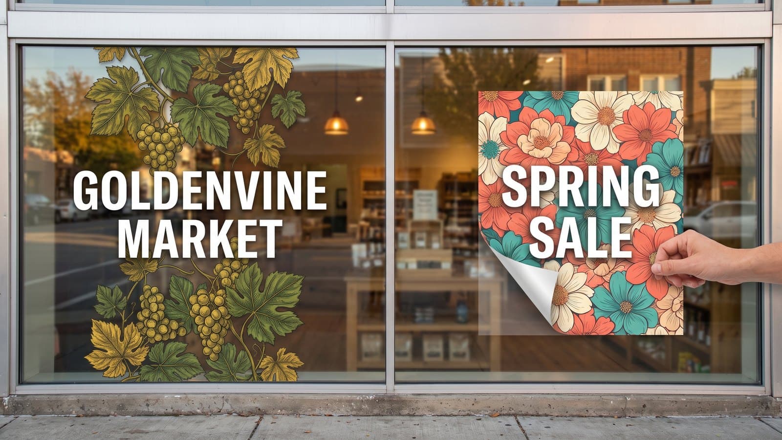 A storefront window carrying a permanent full color logo and hours decal on one pane and a removable seasonal sale cling on the next pane