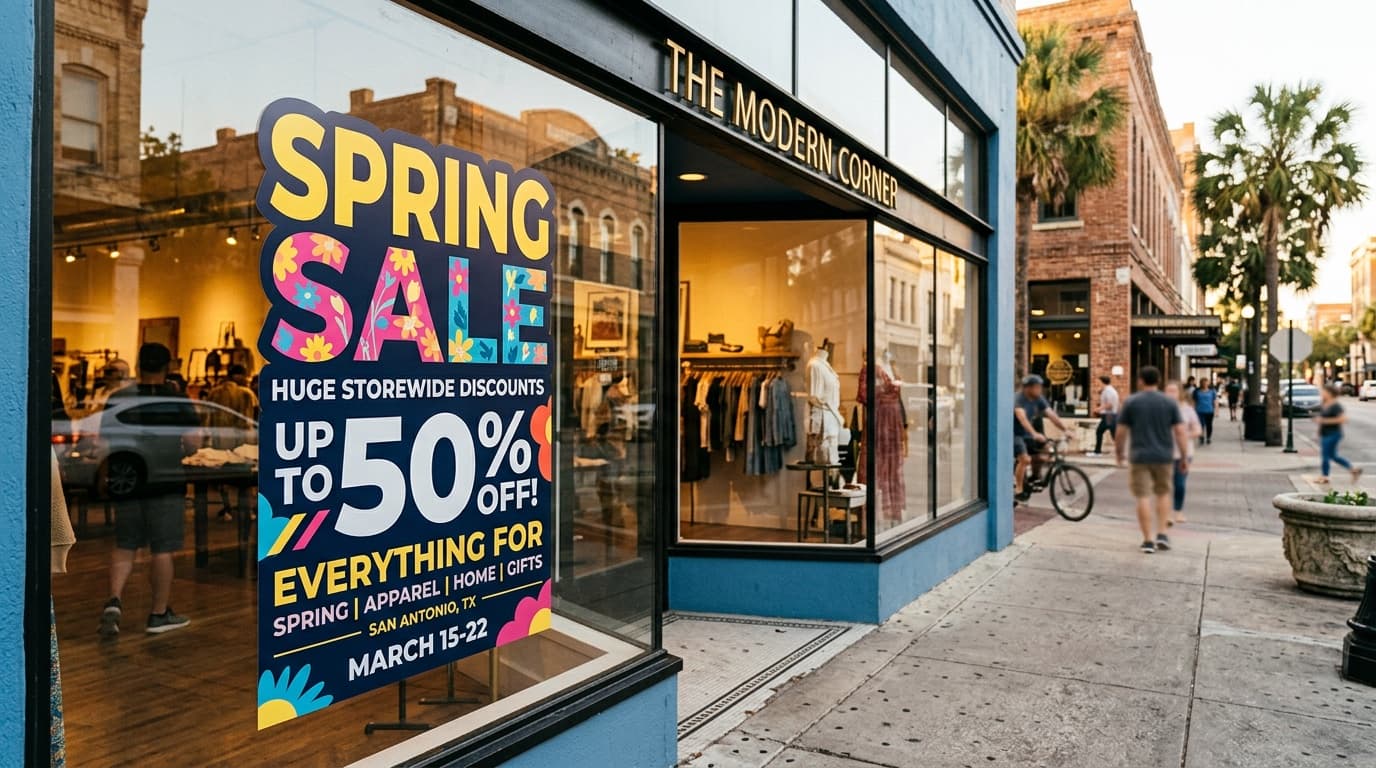 Full-color printed window decal applied to a San Antonio boutique storefront glass promoting a sale