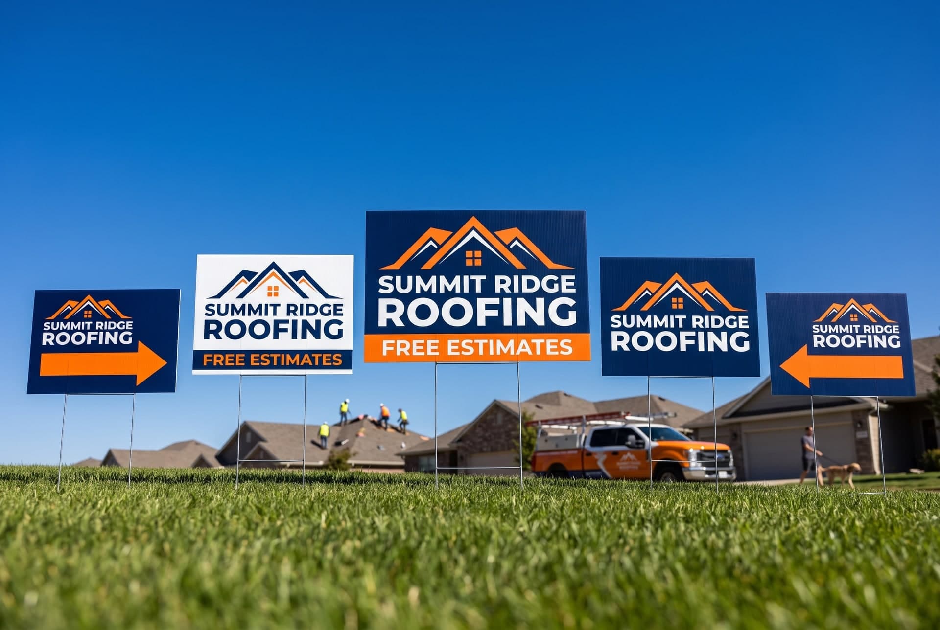 Five printed coroplast yard signs in 12x18, 18x24, 24x24, and 24x36 sizes staked in a San Antonio front lawn