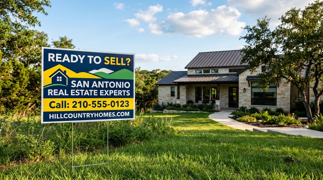 Full-color printed coroplast yard sign on a wire H-stake in front of a San Antonio Hill Country home