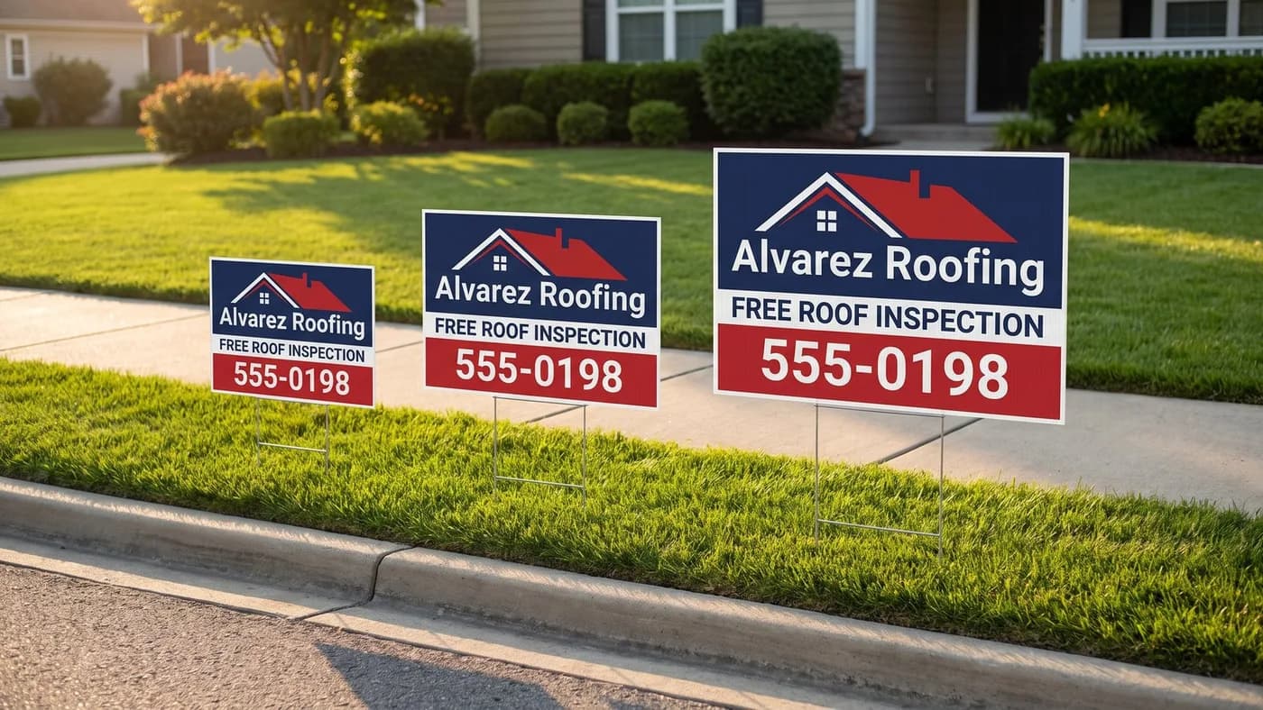 Three full color Alvarez Roofing coroplast yard signs on wire H stakes in a lawn at 12x18, 18x24 and 36x24 inches, photographed from the sidewalk