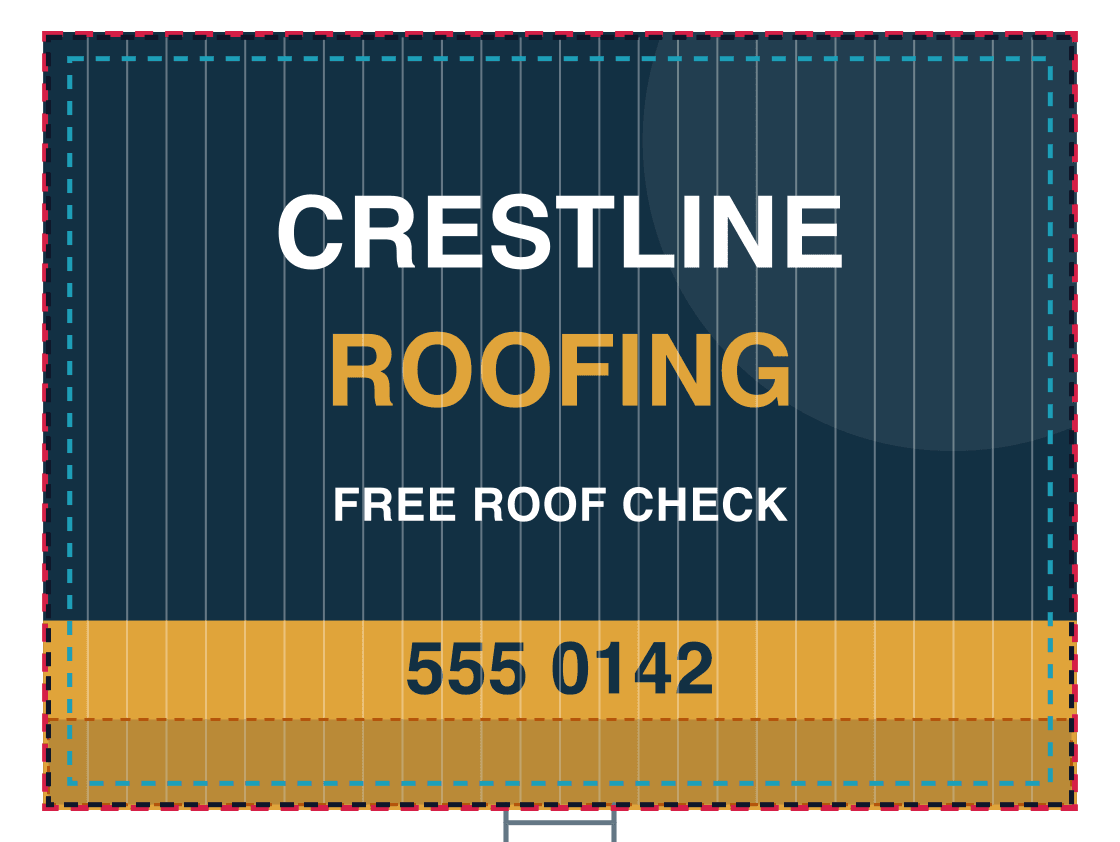 A sample navy and gold yard sign design for the fictional Crestline Roofing with a dashed red bleed line, a dashed slate trim line, a dashed cyan safe area and an amber grass line drawn over it