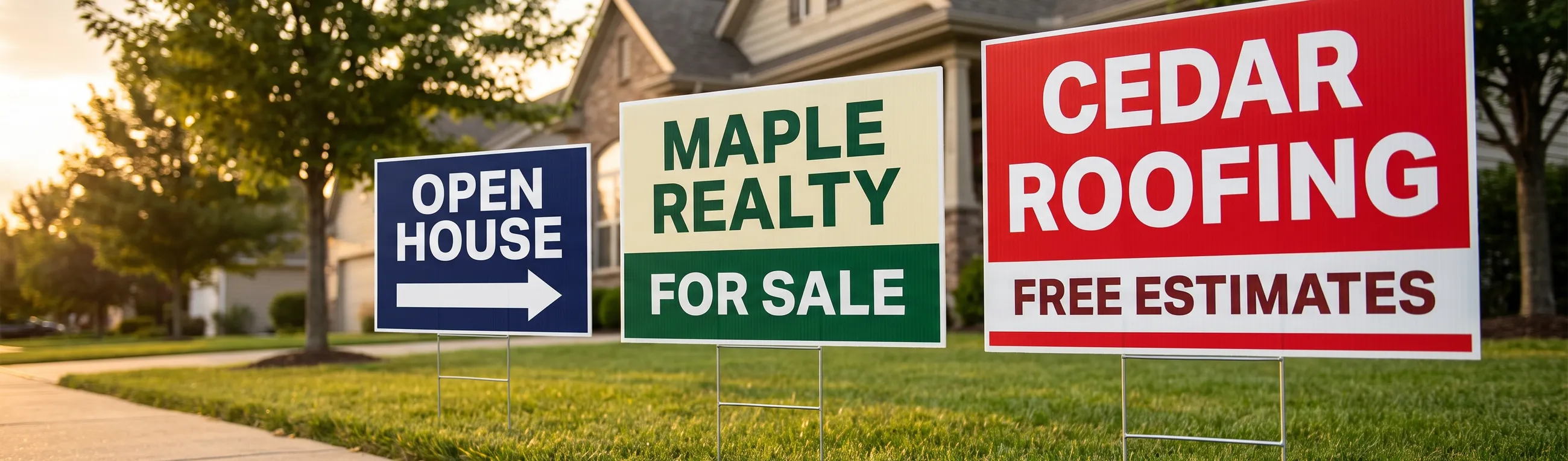Three full color coroplast yard signs of different sizes staked in a row along a suburban front lawn, reading Open House, Maple Realty For Sale and Cedar Roofing Free Estimates