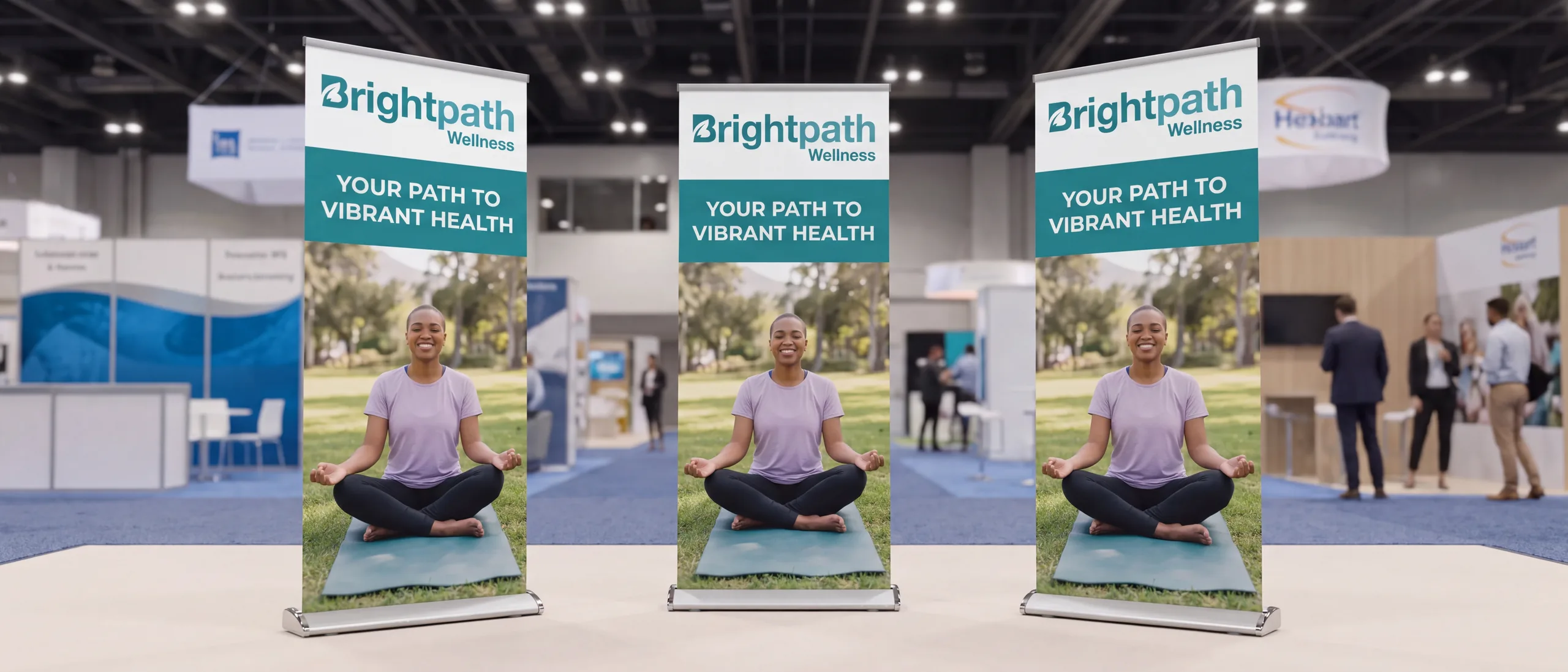 Three matching retractable banner stands for a wellness brand standing side by side in an expo hall