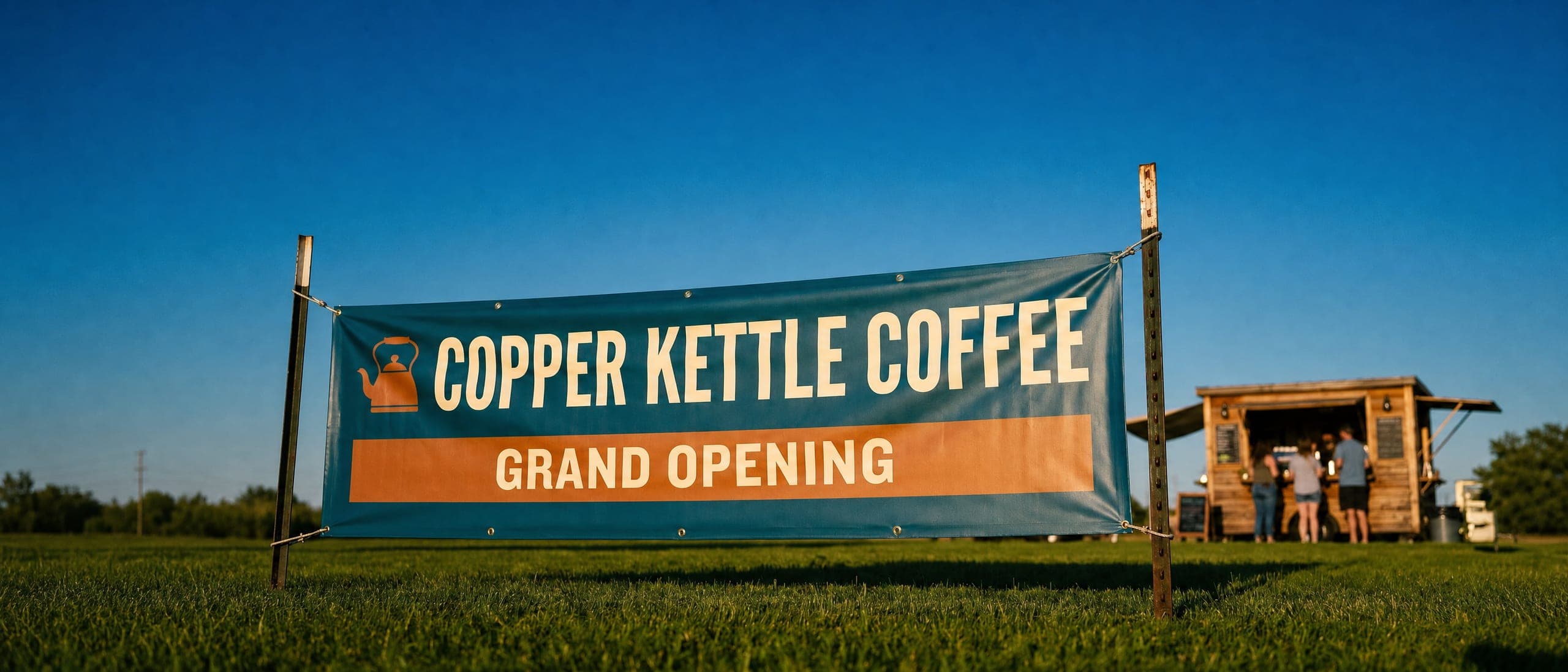 Teal and orange grand opening vinyl banner tied between two posts above a grassy field at sunset