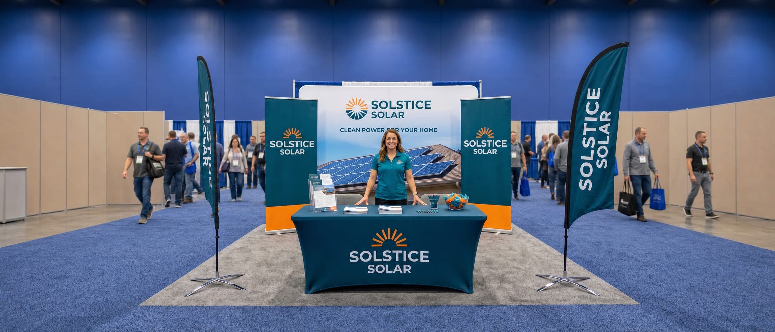 Solar company trade show booth with a printed backwall, fitted table cover and two feather flags in a busy expo hall