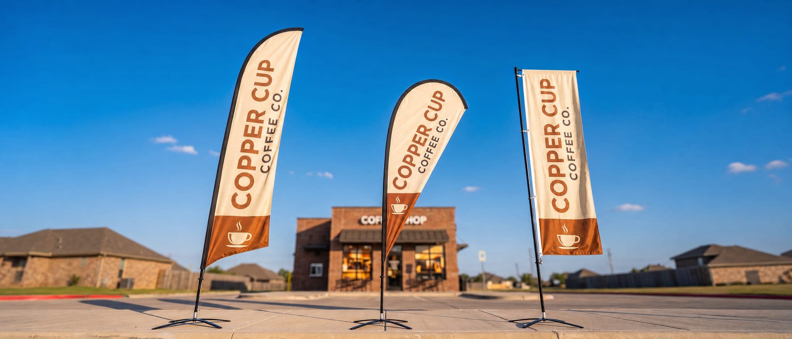 Three cream and brown feather flags for a coffee shop standing on bases in front of the store under a blue sky