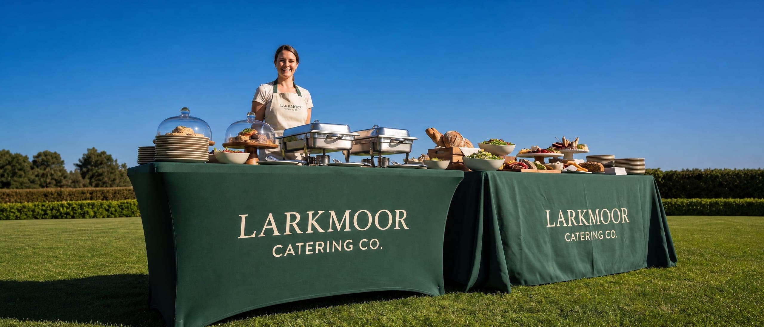 Two green custom printed table covers with a catering logo set up for an outdoor event