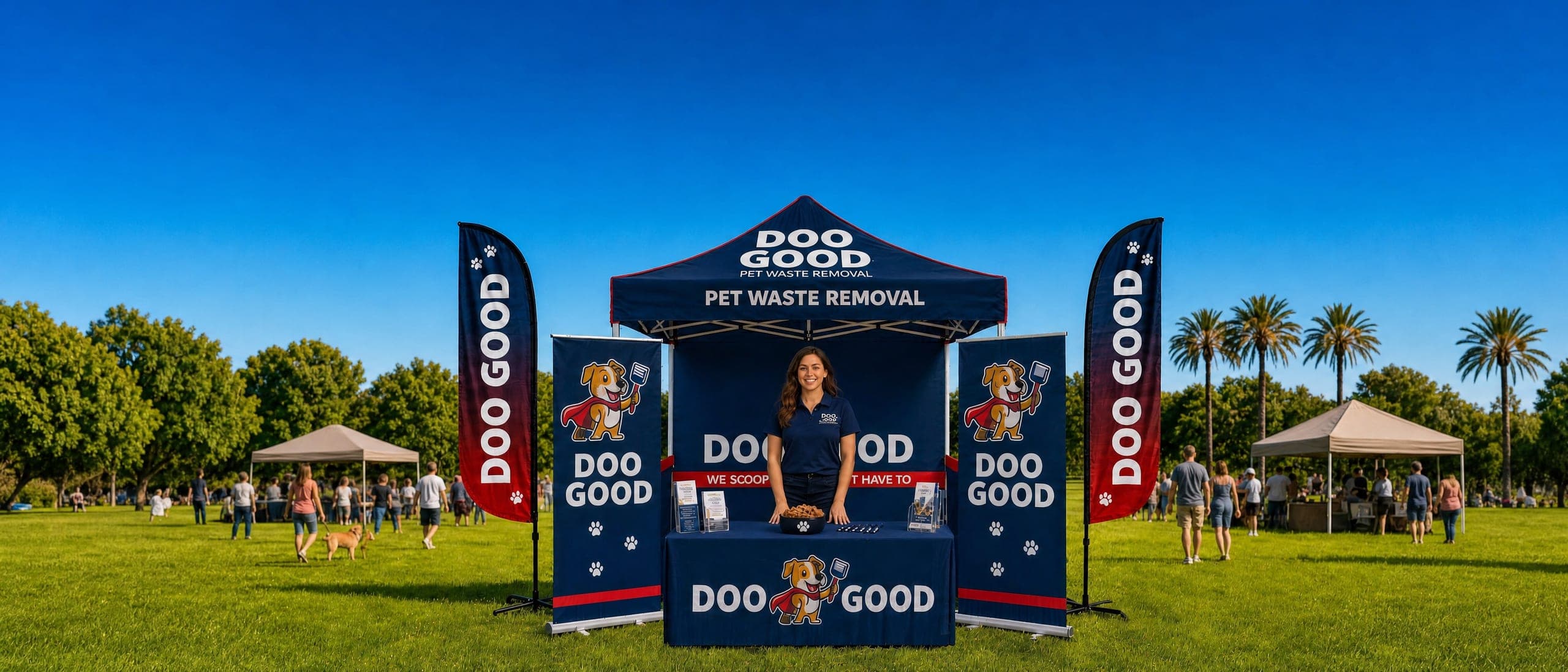 Navy custom canopy tent with matching table cover and two feather flags set up on a lawn at an outdoor event