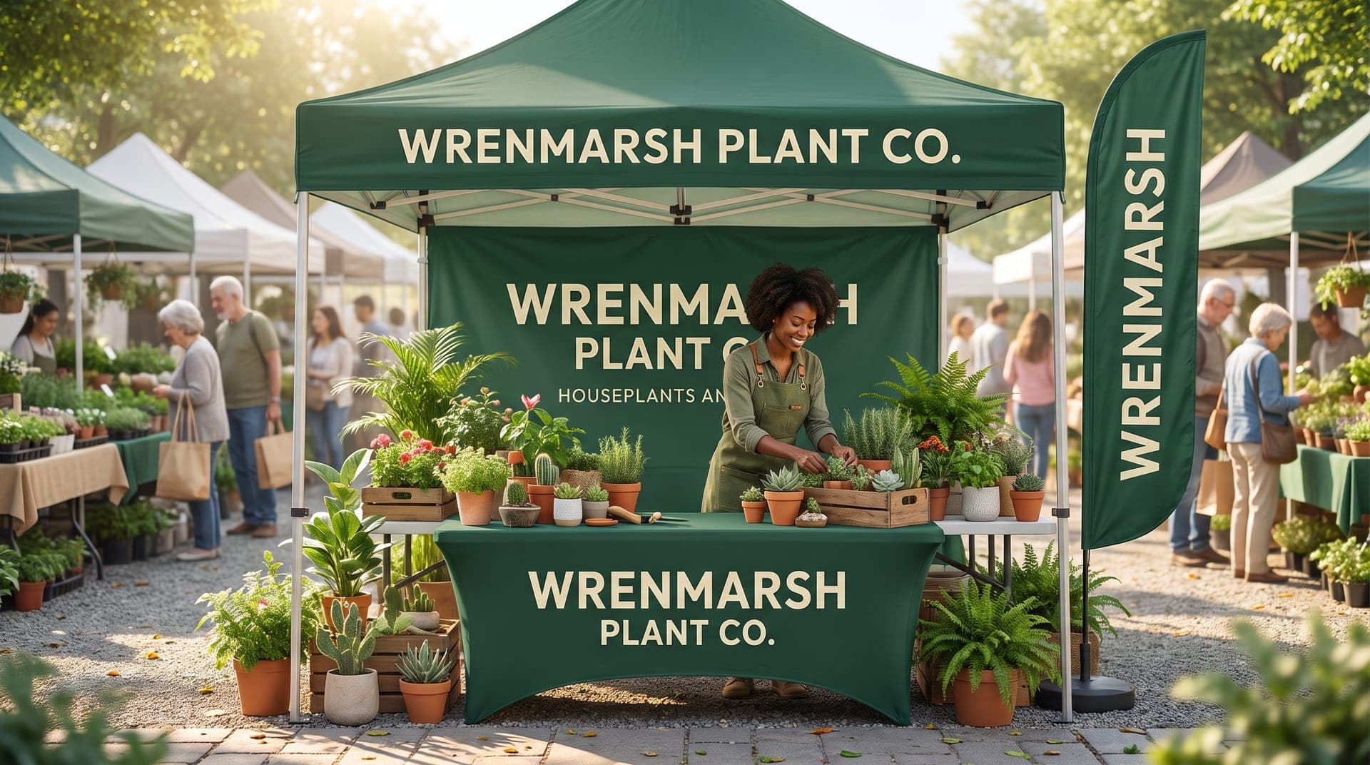 Wrenmarsh Plant Co. canopy tent package with printed back wall, fitted table cover and feather flag at a plant market