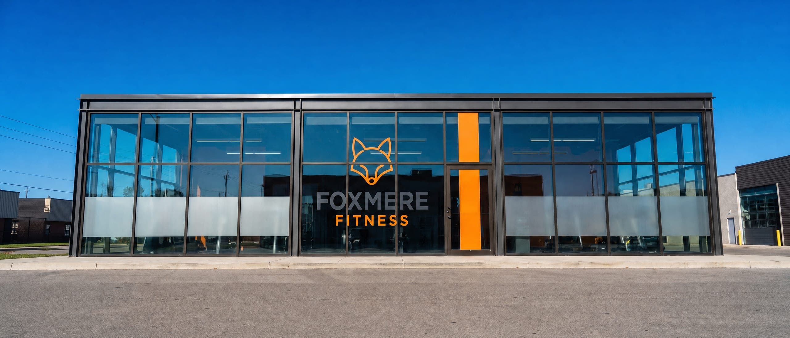 Glass front fitness studio with a large fox logo window graphic and a frosted band across the windows