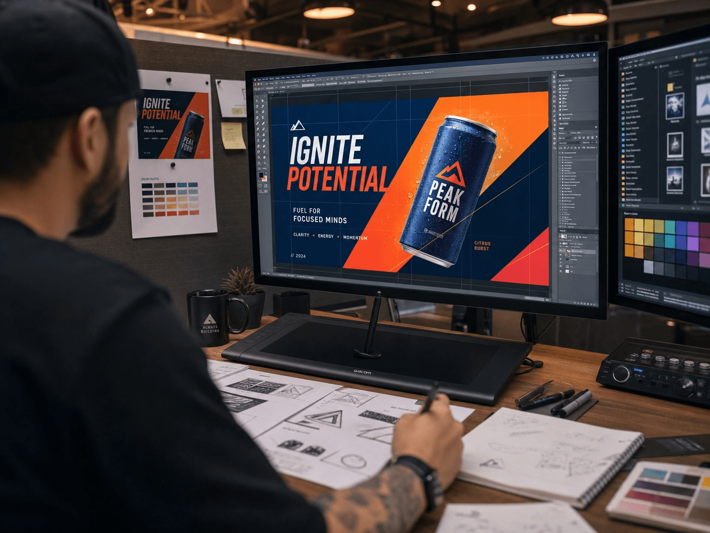 A designer at a two monitor workstation laying out a full color brand design with sketches and a color swatch book on the desk