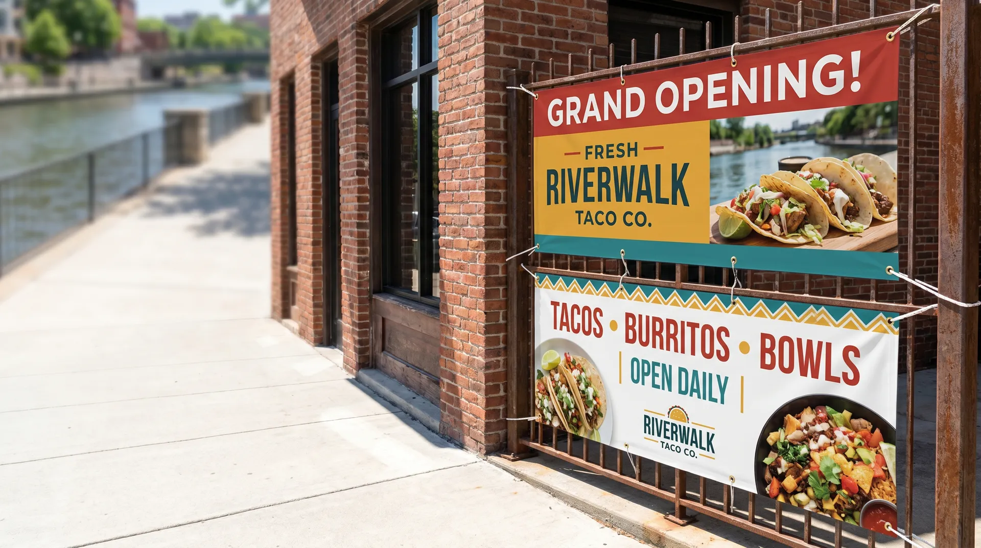 Two full-color vinyl banners tied through their grommets to a metal railing outside a restaurant