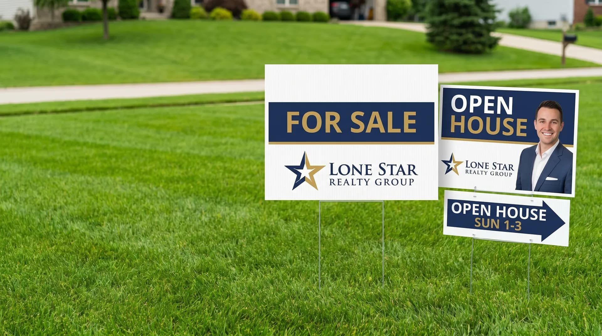 For sale and open house yard signs with an arrow directional on wire stakes in a front lawn