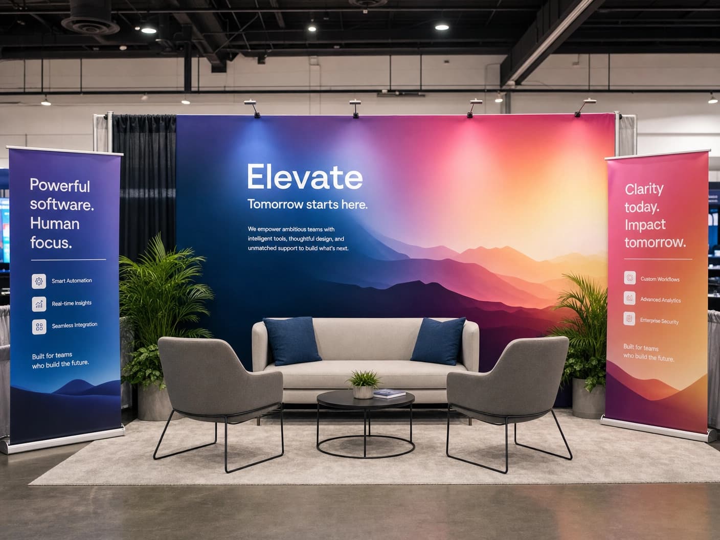 Professional trade show booth with coordinated branded displays