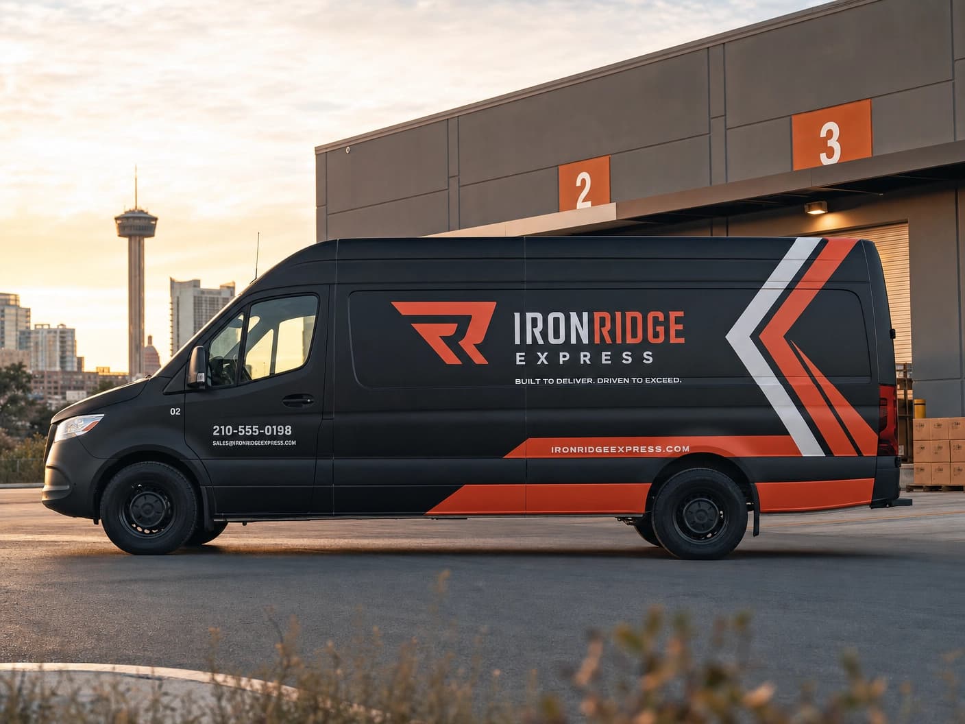 Branded commercial fleet van with company graphics parked outside a shop