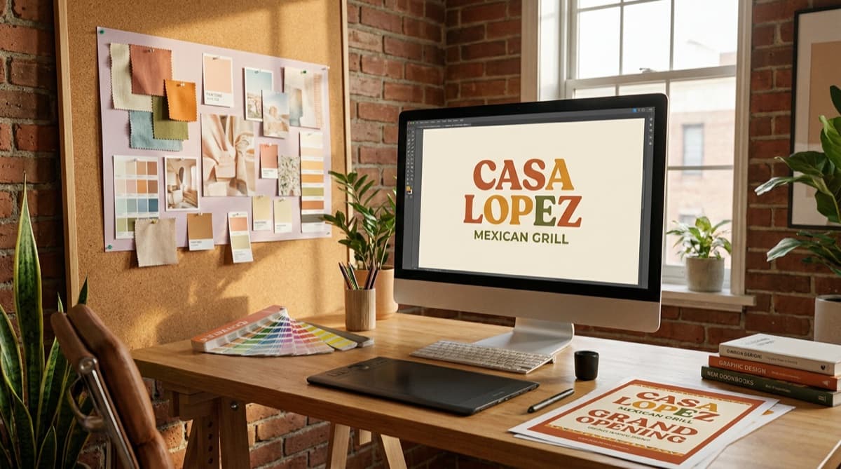 A designer's desk with a finished restaurant logo on the screen, color swatches on a pin board and a printed grand opening poster
